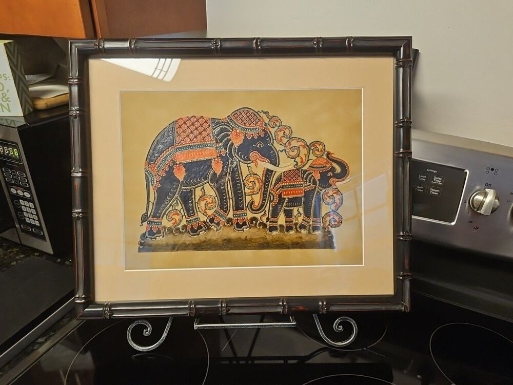 Framed Hand Carved Thai Elephant Hammered Painted Leather Nang Taloong 19.5"x16"